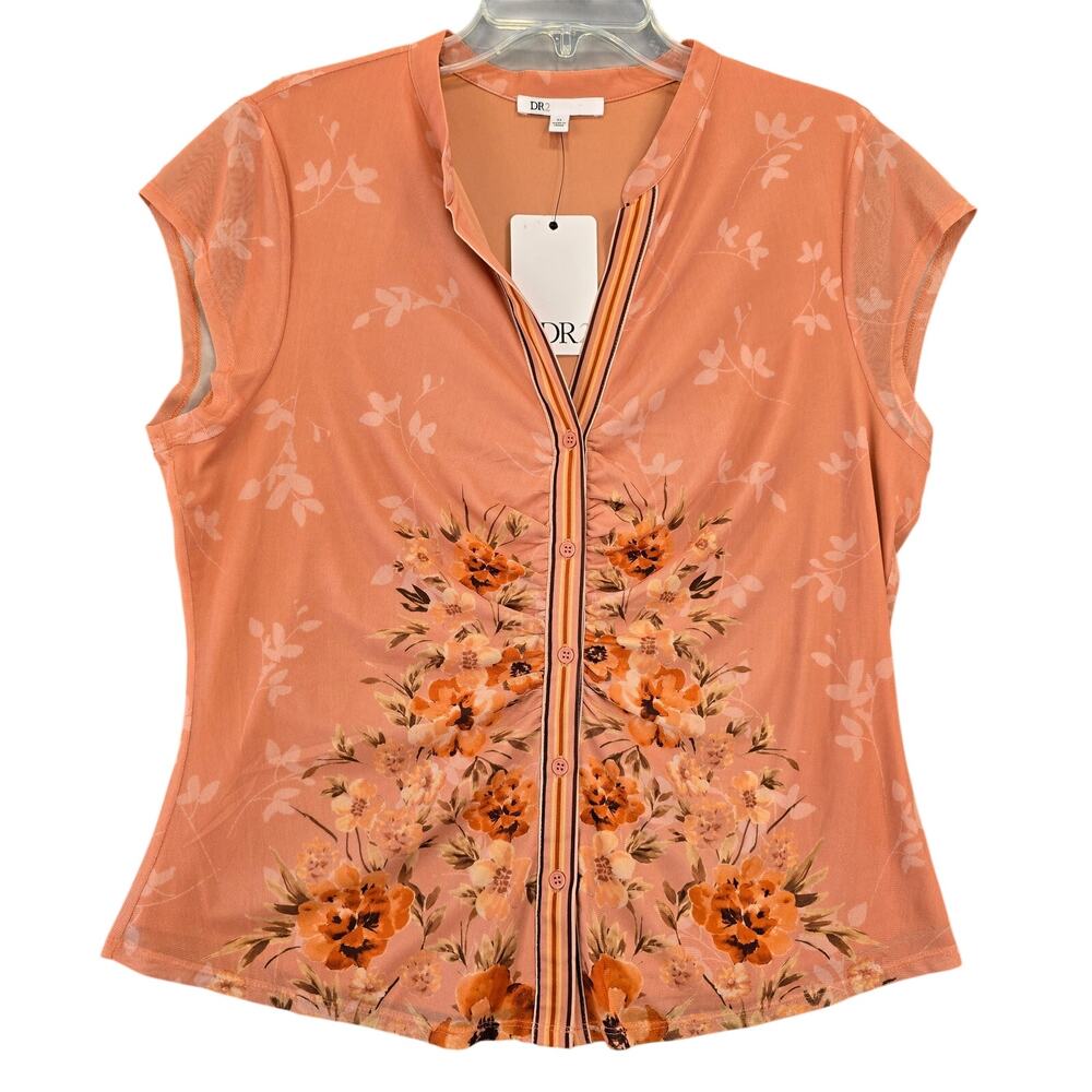 DR2 Orange Floral Shirt NEW Buttons Short Cap Sleeves Stretch Womens Size XL Top